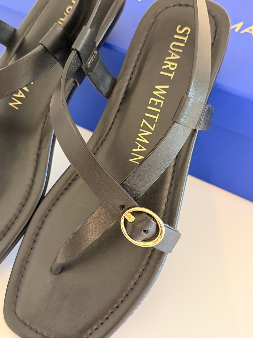 Stuart Weitzman Benni Black Leather Flat Thong Slingback Sandals w Gold Buckles - Picture 5 of 9